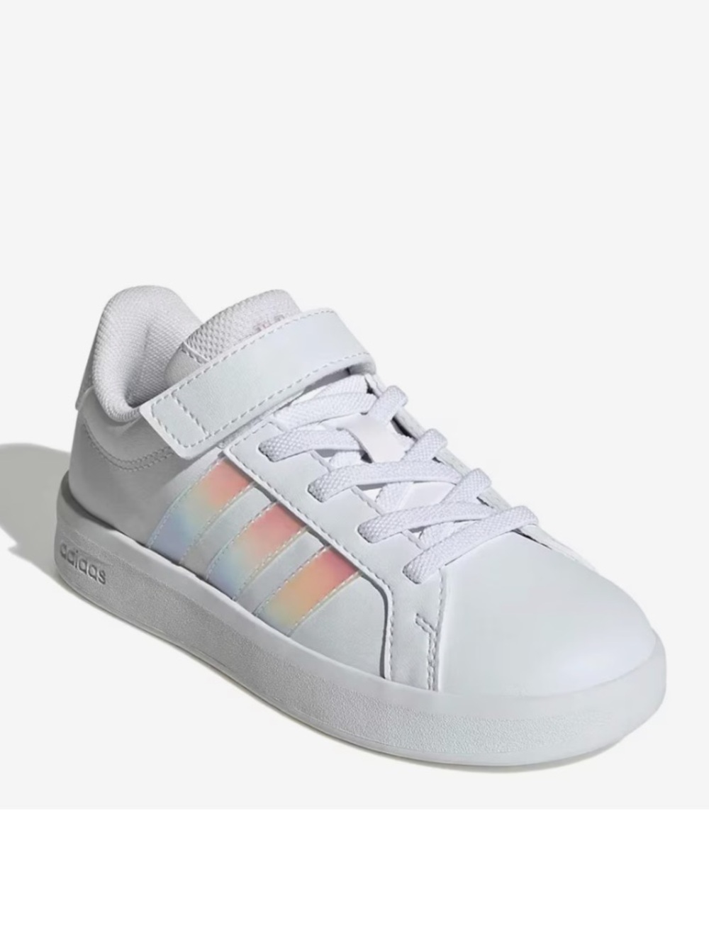 adidas Kids White Sneakers with Pink & Yellow iridescent Stripes